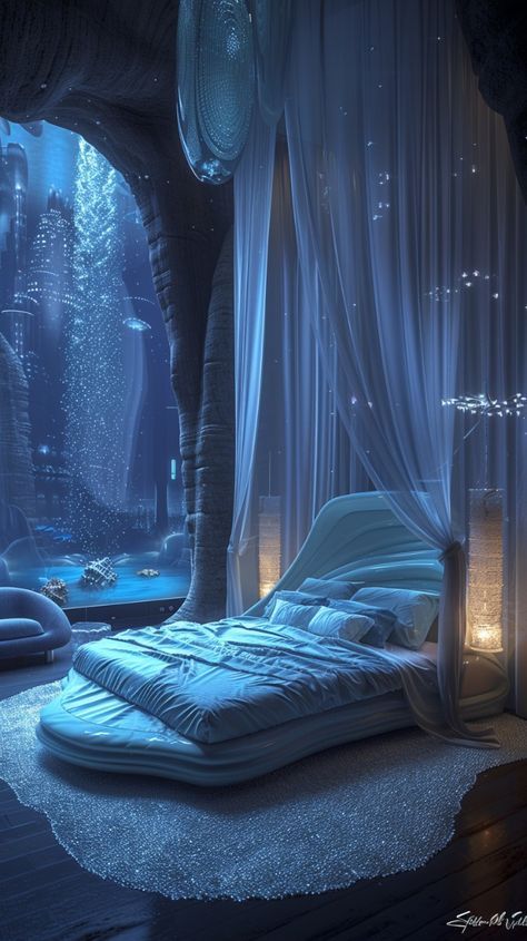 Fantasy Ocean Bedroom, Water Bedroom Aesthetic, Atlantis Bedroom, Underwater Room Aesthetic, Blue Fantasy Bedroom, Mermaid Bedroom Aesthetic, Avatar Themed Room, Ocean Bedroom Aesthetic, Dream Bedroom Aesthetic