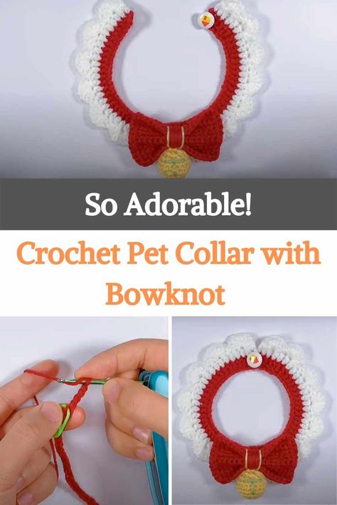 In today’s easy video tutorial, you will learn how to crochet a pet collar with a bowknot and a bell as decoration. This is a beginner-friendly tutorial with step by step slow demonstration. We think this collar is pretty festive! so it would be great for your cat or dog to use it in the coming holiday season! For this time, the author opted for a 100% acrylic yarn, about 2mm wide in red, white, and yellow for the little bell detail, and a 3mm crochet hook. Just make this adorable accessory... Crochet Pet Collar, Christmas Pet Collar, Christmas Cat Collar, Dog Collar Pattern, Crochet Collar Pattern, Crochet Pet, Crochet Bib, Christmas Dog Collar, Adorable Crochet