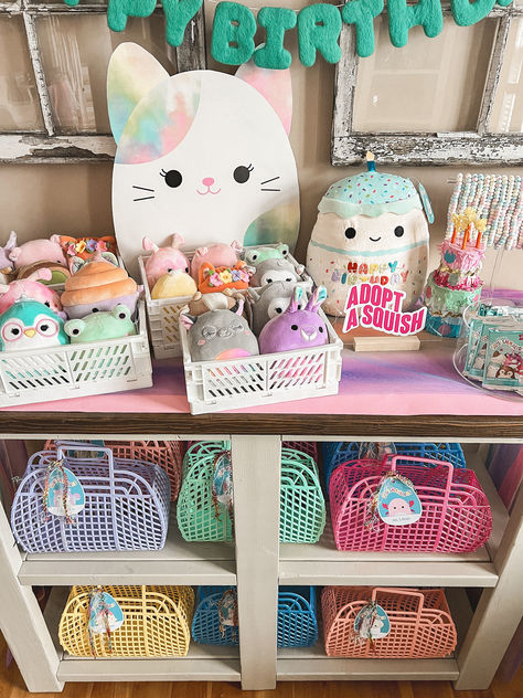 Adopt a Squishmallow station for our 8 year olds birthday party! 8 Themed Birthday Party, Birthday Party 8 Girl, Squish Mellows Birthday Party Ideas, Squishmallows Theme Party, Squishamellow Birthday Party, Squishmallow Birthday Party Centerpiece, Squish Mallow Birthday Party, Adopt Me Party Ideas, Meemeows Birthday