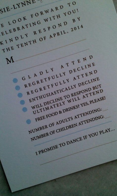 Funny wedding RSVP card: word yes am coming to celebrate; or no, I'm not into free drinks, great feasting, gaming, music, and party Hilarious Wedding Invitations, Funny Wedding Rsvp, Planner Quotes Funny, Funny Wedding Invitation Wording, Wedding Party Quotes, Wedding Invite Wording Funny, Wedding Invitations Wording, Wedding Planner Quotes, Wedding Card Quotes