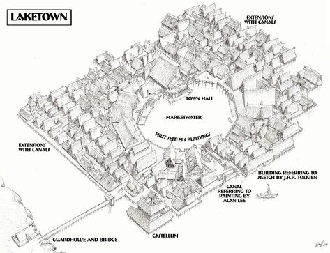 Lake-town overview by Henning Janssen The Hobbit Map, The Hobbit Animated, Tolkien Map, American Midwest, Lake Town, Fantasy World Map, Tabletop Rpg Maps, Tolkien Art, Lotr Art