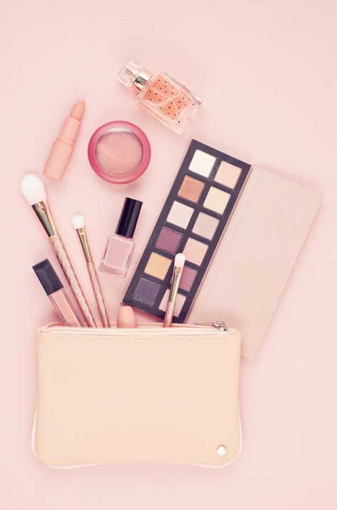 Premium Photo | Makeup cosmetic products over pastel pink background, flat lay, top view Background Makeup, Makeup Backgrounds, Makeup Logo Design, Pastel Pink Background, Pink And White Background, Makeup Wallpapers, Makeup Logo, Beauty Background, Nude Nail Polish