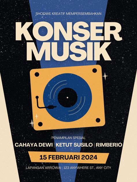 Step into the groove with our Retro Music Concert Poster in Black, Cream, and Dark Blue! Join us for a night of timeless melodies and vintage vibes. Let's relive the magic of the past together. Save the date and swing to the rhythm! Poster Konser, Music Concert Poster, Concert Poster Design, Music Concert Posters, Music Poster Design, Movie Posters Design, New Groove, Blue Poster, Concert Poster