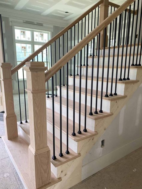 Hiring a General Contractor - My Modern White Farmhouse Colonial Staircase, Modern White Farmhouse, Basement Stair Railing Ideas, Modern Farmhouse Staircase, Farmhouse Build, Farmhouse Staircase, Farmhouse Stairs, Oak Stairs, Staircase Makeover