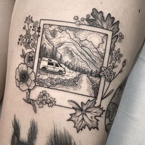 Polaroid Tattoo, Desert Tattoo, Rad Tattoos, Neat Tattoos, Camping Tattoo, Camera Tattoos, Scene Tattoo, Flash Ideas, Spooky Tattoos