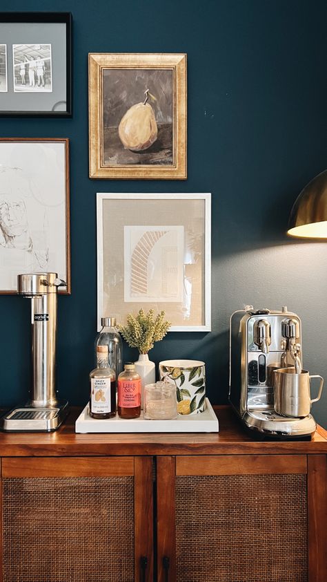 Coffee Nook In Living Room, Coffee Corner Nespresso, Dining Room Coffee Station, Coffee Station Living Room, Coffee Station In Dining Room, Grey Blue Accent Wall, Coffee Machine Corner, Coffee Corner In Living Room, Sideboard Coffee Station