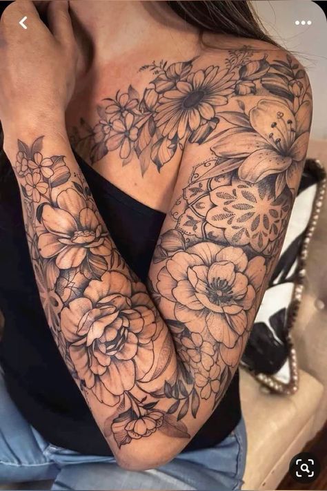 Terrible Tattoos, Shoulder Sleeve Tattoos, Arm Sleeve Tattoos For Women, Tattoos For Women Flowers, Tattoos For Women Half Sleeve, Tasteful Tattoos, Mother Tattoos, Floral Tattoo Sleeve, Tattoos For Black Skin