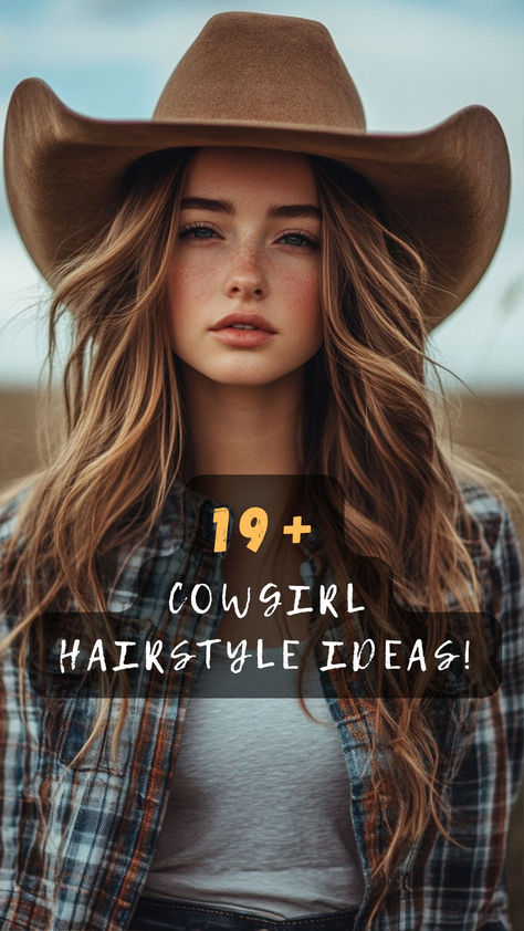 Want to channel your inner cowgirl? Click to explore 19 chic cowgirl hairstyles. Perfect for adding a rustic charm to your look! 🌾👢 #CowgirlStyle #Hairstyles #RusticCharm #HairInspiration #ChicLooks How To Style Hair With Cowboy Hat, Western Outfit Hairstyles, Country Hairstyles For Medium Hair, Western Hairstyles For Women For Wedding, Cowboy Hat Hair Styles For Women, Cute Country Hairstyles Cowgirls Hair, Hairstyle With Cowboy Hat, Hair Styles With Cowboy Hat, Cow Girl Hairstyles