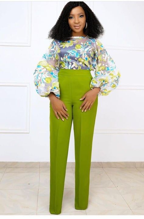 Office Wear for Classy Ladies. Top and Trouser Styles Office dresses for ladies Ready to wear Office wears Ankara Styles For Work Place, Material Top And Trouser, Trouser Styles For Ladies, Organza Blouse Designs, Trouser And Top For Ladies, Organza Tops, Fashion Work Outfit, Stylish Naija, Classy Jumpsuit