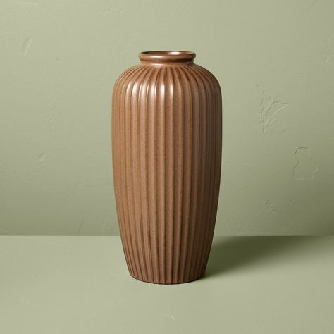 12" Fluted Ceramic Tapered Vase Vintage Brown - Hearth & Hand™ with Magnolia | Target Ceramic Vase Green, Brown And Green Room Decor, Ceramic Vase Shapes, Tapered Vase, Brown Glass Vase, Glass Jug Vase, Decor Palette, Magnolia Colors, Floral Vases