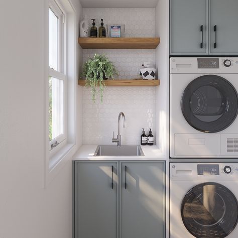 Tiny Laundry Sink, Small Laundry Renovation, Laundry Room Ideas Small With Sink, Small Laundry Rooms With Sink, Laundry Room Small Ideas, Small Square Laundry Room, Laundry Kitchen Combo, Laundry Ideas For Small Spaces, Narrow Utility Room Ideas Layout