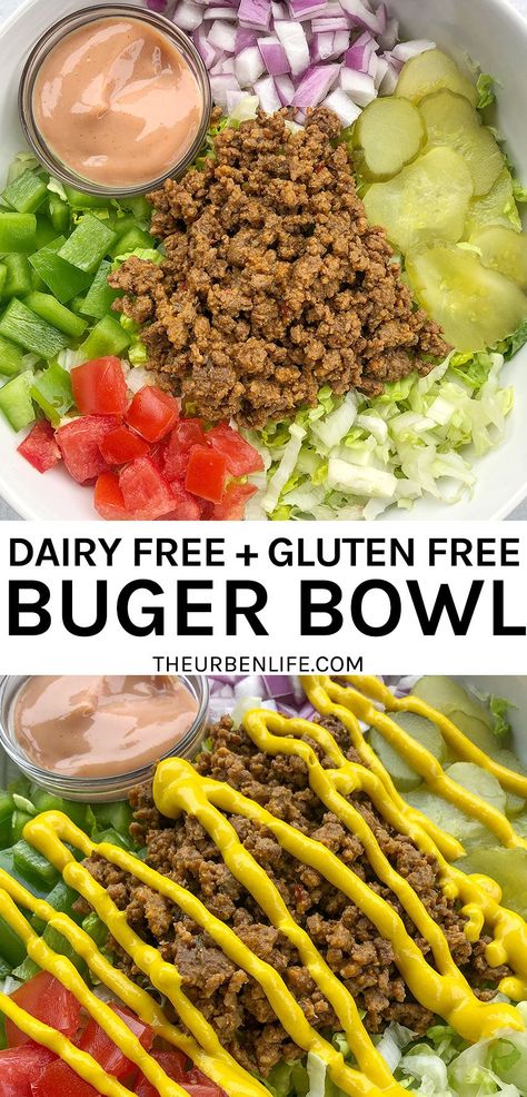 Beef Dairy Free Recipes, Leftover Ground Beef Recipes Healthy, Ground Beef Dairy Free, Eoe Diet, Loaded Burger Bowls, Pickles Tomatoes, Gf Lunch, Gluten Free Dairy Free Recipes Dinner, Loaded Burger