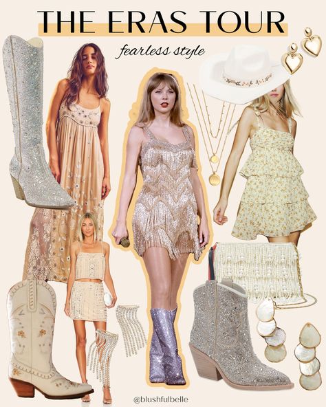 Outfit inspiration for the Fearless Era 🤍 Taylor Swift The Eras Tour outfit ideas. Concert outfits, taylor swift songs, taylor swift outfit ideas Taylor Swift Fearless Outfits Eras Tour, Fearless Era Aesthetic Outfits, Ts Fearless Outfit, Fearless Dress Taylor Swift, Era Tour Outfits Fearless, Taylor Swift Inspired Outfits Debut, Taylor Fearless Outfits, Taylor Swift Outfits Fearless Era, Taylor Swift Concert Outfit Ideas Fearless Era