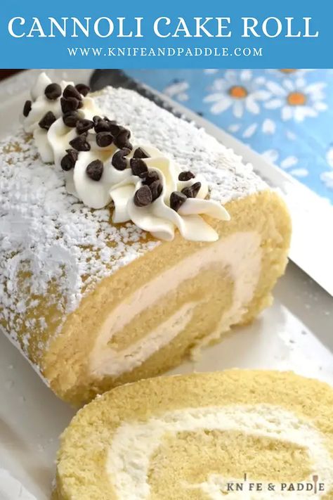 Cannoli Cake Roll Cannoli Cake Roll • www.knifeandpaddle.com Box Cake Mix Cake Rolls, Cannoli Cake Roll, Pumpkin Cannoli Cake Roll, Cakerolls Recipe, Roll Up Cake Recipe, Rolled Cake Recipes, Roll Cakes Recipe, Cake Roll From Box Cake, Cake Rolls Recipes