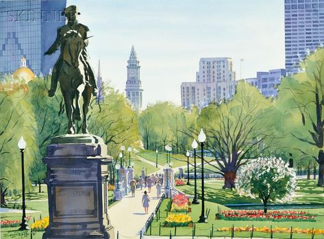 Boston Public Garden in spring by Sergio Roffo.  He usually paints beautiful oil landscapes, so this watercolor was a treat to find. #watercolor #bostonpublicgarden #boston #art #painting Boston Drawing, Cartography Illustration, Boston Watercolor, Boston Painting, Architecture Journal, Ideas Cuadros, Boston Garden, Boston Art, Boston Public Garden