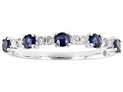 Park Avenue Collection® 0.51ctw round blue sapphire and 0.13ctw of round white diamond, rhodium over 14k white gold band ring. Measures approximately 13/16"L x 1/16"W and is sizeable. Blue Sapphire Wedding Band, Sapphire And Diamond Band, Sapphire Band, Gold Band Ring, Park Avenue, White Gold Band, Sapphire Gemstone, Sapphire Diamond, Gold Band