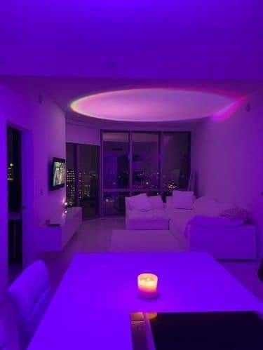 High Rise Apartment Christmas, High Rise Apartment Aesthetic Night, Atl Apartment Aesthetic, Sky Rise Apartment Aesthetic, Skyrise Apartment Aesthetic, Purple Apartment Aesthetic, Night Apartment Aesthetic, Chill Apartment Vibes Living Room, Led Lights Apartment