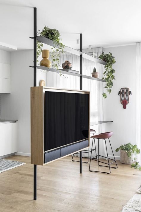 Tv Stand Room Divider, Metal Divider, Bathroom Inspo Interior Design, Living Room Divider, Living Room Decor Inspiration, Studio Living, Counter Design, Home Building Design, Apartment Design