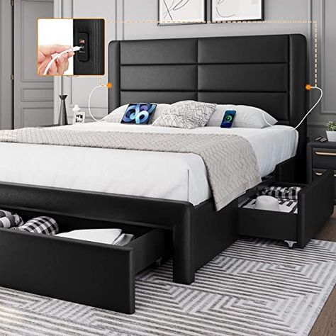 Yaheetech Queen Size Bed Frame with 2 USB Charging Station/Port for Type A&Type C/3 Storage Drawers, Leather Upholstered Platform Bed with Headboard/Solid Wood Slat Support/No Box Spring Needed/Black $299.98 (reg 319.98) w/c0upon!! Price subject t0 change at any time Commissi0ns earned Mesh Drawers, Bed Base Frame, Evening Routines, Queen Size Bed Frame, Underbed Storage, Bed Foundation, Full Size Bed Frame, Usb Charging Station, Cama King