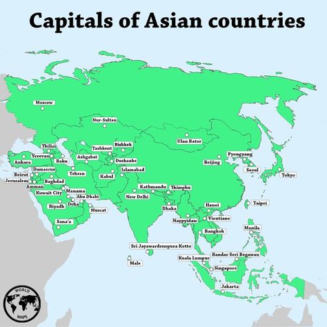 Here's a map of Asian countries and their capitals 🏙️ Countries And Their Capitals, Asian Maps, Naypyidaw, Bandar Seri Begawan, Asia Map, Geography Map, Kuwait City, Vientiane, Asian Countries