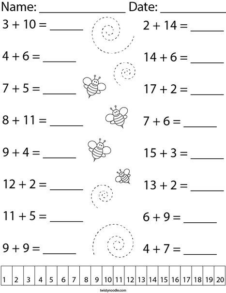 Adding within 20 Math Worksheet - Twisty Noodle Adding Worksheets First Grade, Adding To 20 Worksheets, Adding And Subtracting Within 20, Adding Worksheets, Easy Math Worksheets, Math Fact Worksheets, Math Addition Worksheets, First Grade Math Worksheets, Math Subtraction