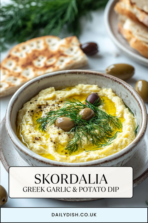 Skordalia ~ Greek Garlic & Potato Dip Greek Dips And Appetizers, Pita Dips, Lebanese Dips, Greek Dips, Mediterranean Dips, Skordalia Recipe, Potato Dip, Mediterranean Dip, Greek Dip