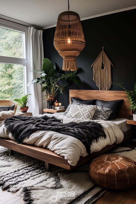 22 Boho Bedroom Decor Ideas Filled With Eclectic Charm Soft Boho Bedroom, Moody Boho Bedroom Ideas, Afrohemian Bedroom, Boho Bedroom With Black Furniture, Boho Moody Bedroom, Dark Guest Bedroom, Texas Bedroom Decor, Goth Boho Bedroom, Fun Guest Bedroom Ideas