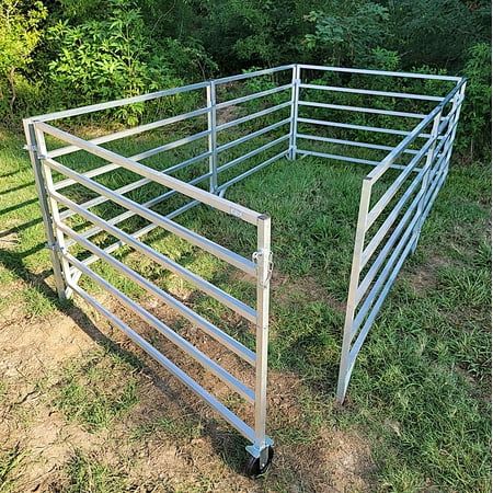 Rite Farm Products 10-foot 5/8 inch long by 5-foot 3 1/4 inch wide 6-rail stall kit. Includes 5 of our 5-foot-long aluminum panels and one aluminum 58-inch-long Texas made gate. Stall is 40 inches tall overall. Features heavy duty 1-inch square welded aluminum tubing. Designed to be added onto with our add-on kits and shade canopy kits so this system can grow as your flock or herd does. Our panel clamp system makes it safe and easy to reconfigure and change or add panels, gates, or shade canopie Horse Stalls Cheap, Mobile Petting Zoo, Horse Trailer Organization, Goat Fence, Stall Flooring, Sheep Pen, Livestock Barn, Double Dog Crate, Trailer Organization