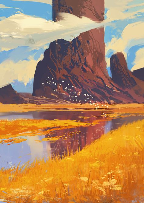 Rocks and River Fantasy Plains, Amir Zand, Landscape Illustration Art, Background Art Illustration, Concept Art Landscape, Background Digital Art, Illustration Landscape, Illustration Kunst, الفن الرقمي