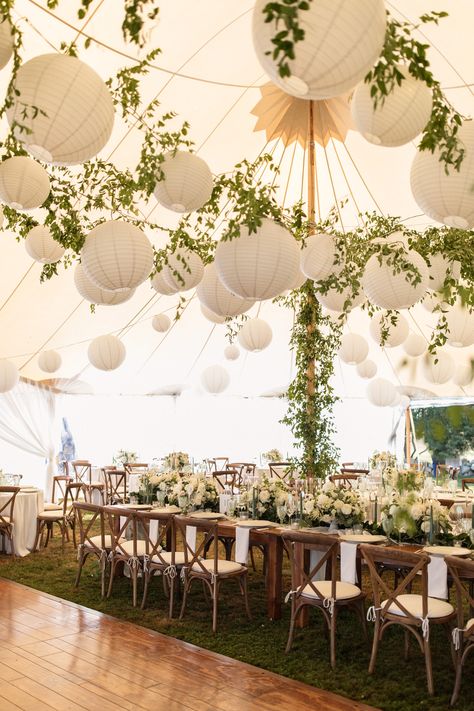 Paper Lanterns For Wedding, Ceiling Draping With Greenery Wedding, Garden Party Lanterns, Hoola Hoop Lights Diy Chandelier, Wedding Tent Paper Lanterns, White Paper Lanterns Wedding, Flower Arch Alternative, Decorating Rafters For Wedding, Paper Lantern Wedding Decor