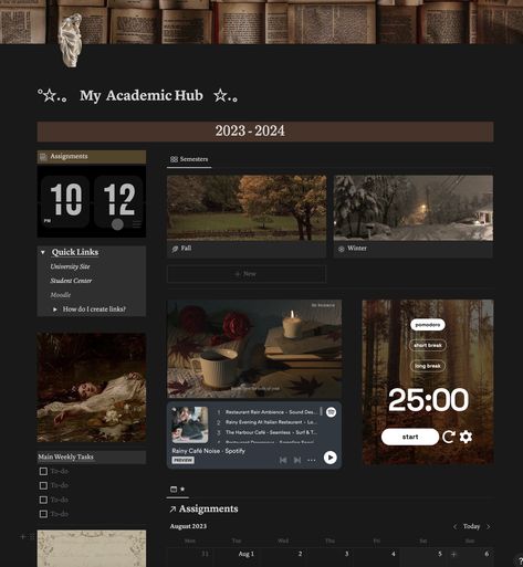 Dark Academia Student Notion notionacademicpl Dark Academia Student, Dark Academia Notion, Love Dark Academia, 2nd Brain, Notion Templates For Students, Notion Layout, Rain Ambience, Study Planner Free, Aesthetic Notion Template