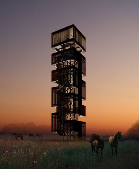 The Kurgi Observation Tower competition sought out designs for an observation tower for Kurgi farm, one of the last remaining Latvian Ardennes breeding programs. The winning entry came from Daniel Norell, Einar Rodhe and Agnes Mührer from Norell/Rodhe architectural firm in Sweden. Their “Tower of Many Views” is a vertical gridded framework with a system of architectural ‘plug-ins’ that cantilever from a central core.