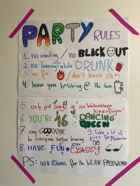 Party rules~ Party Rules Poster, House Party Rules, Rules Aesthetic, Party Rules, Welcome To My House, Color Party, Drinking Party, Adult Party Games, Bullet Journal Writing