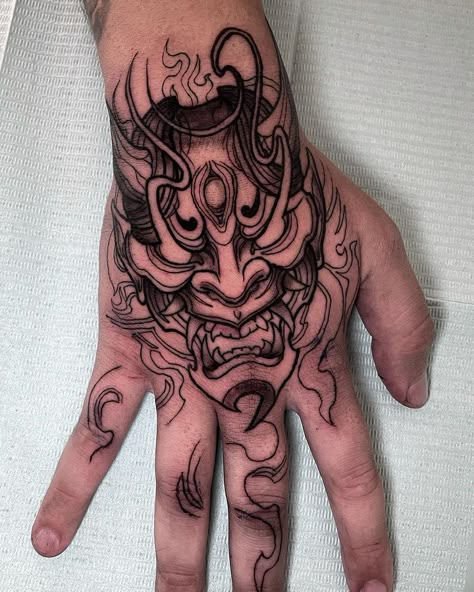 Tattoo work done with EN05S cartridges Tattoo work from Portugal on Instagram: @nck.ink @hawink_supply Oni Hands Tattoo, Hand Tattoo Ideas For Men, Tattoo Stencil Ideas, Japanese Demon Tattoo, Mascara Oni, Japanese Hand Tattoos, Oni Tattoo, Neo Tattoo, Hand Tattoo Ideas