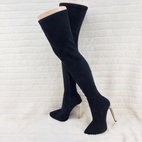 Stretchy Faux Suede - Black Fitted Shaft Gold Tone High Heels And A Pointy Toe Platform New In Box Runs True To Size So Me, Black High Heels, Platform Boots, Black Fits, Over The Knee Boots, Over The Knee, Revenge, Faux Suede, Over Knee Boot