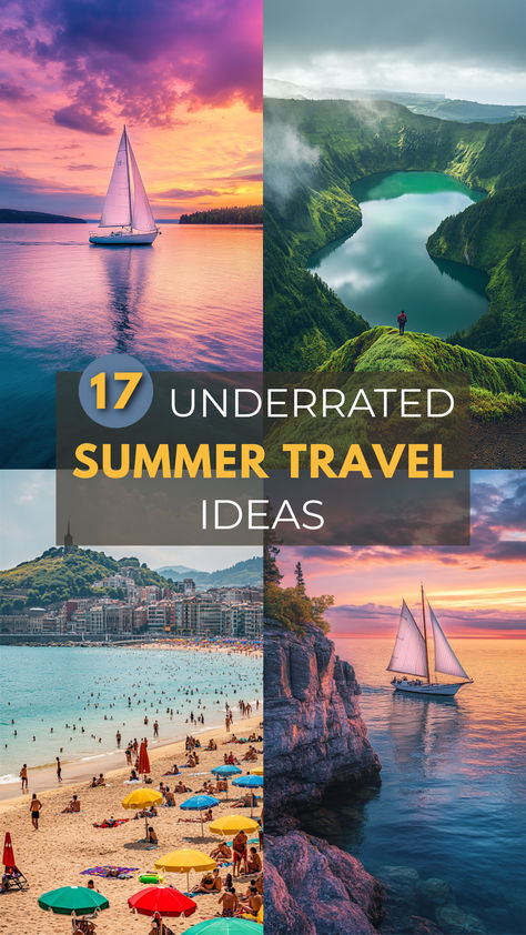 A vibrant collage featuring stunning summer travel scenes, including a sailboat at sunset, a lush green lake surrounded by mountains, a colorful beach filled with umbrellas, and a sailboat near rocky cliffs, some of the coolest underrated summer travel ideas. Beach Destinations, Holidays Summer, Fresh Summer, Travel Summer, Inspo Board, Mountain Resort, Destin Beach, Big Adventure, Summer Adventures