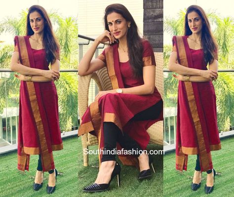 Shilpa Reddy was spotted in a maroon handloom chudidhar suit with copper gold borders. Shilpa Reddy, Silk Kurti Designs, Indian Kurti Designs, Party Life, Indian Designer Suits, Simple Kurta Designs, Salwar Dress, Designer Kurti Patterns, Simple Kurti Designs