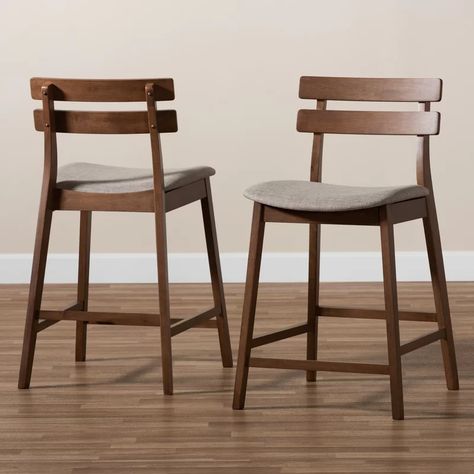 Gracie Oaks Jowett Modern And Contemporary Fabric Upholstered Walnut Finished 2-Piece Wood Counter Stool Set & Reviews | Wayfair Gray Counter, Modern Counter Stools, Wood Counter Stools, Kitchen Counter Stools, Wood Counter, Contemporary Fabric, Baxton Studio, Living Room Shop, Counter Height Stools