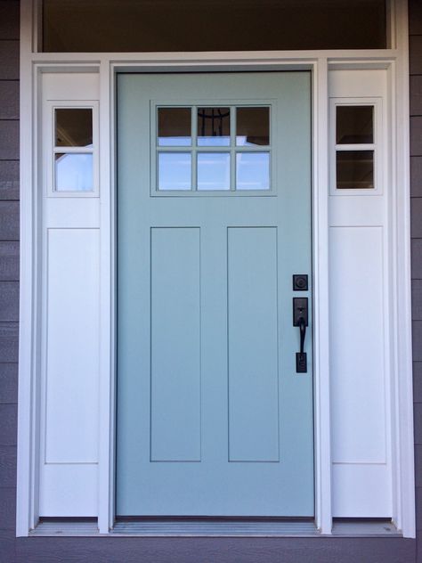 SW Quietude exterior door; robin's egg blue Exterior Front Door Colors, Painted Exterior Doors, Exterior Door Colors, Exterior Door Designs, Blue Front Door, Front Door Paint Colors, Door Paint Colors, Exterior Front Doors, Painted Front Doors