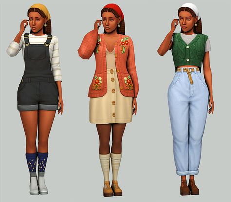 Overalls And Boots, Sims Maxis Match Cc, Sims4 Lookbook, Sims 4 Outfit Ideas, Sims Maxis Match, Cottage Core Clothes, Cottage Family, Sims 4 Cottage, Sims 4 Save File