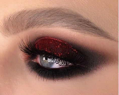 Red Glitter Makeup, Red And Black Eye Makeup, Black Halloween Makeup, Black And Red Makeup, Red Eyeshadow Look, Red Smokey Eye, Red Makeup Looks, Competition Makeup, Dark Makeup Looks