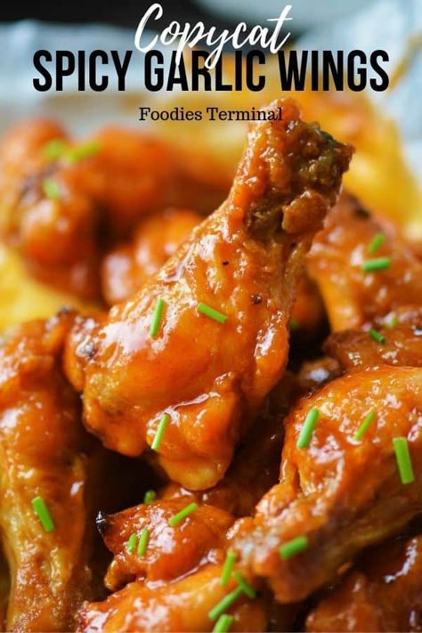 Garlic Buffalo Wings, Wings Recipe Spicy, Spicy Garlic Wings Recipe, Buffalo Wild Wings Spicy Garlic Sauce, Spicy Garlic Chicken Wings, Hot Honey Garlic Wing Sauce, Copycat Wingstop Wings, Chinese Hot Sauce Recipe, Homemade Wing Sauce Recipes