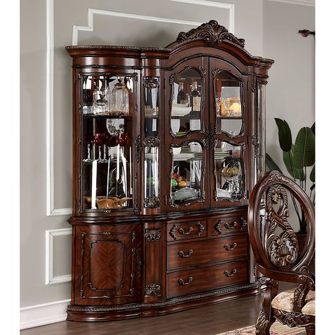 Add regal flair to any space with this hutch and buffet. The wood carved details and ornate hardware will give any traditional dining space an instant boost, while the brown cherry finish and glass cabinet doors draw attention to the majestic design. China Cabinet Decor, China Buffet, Buffet Furniture, Buffet Hutch, Dining Ware, Dining Room Buffet, Matching Chairs, Cabriole Legs, Best Dining