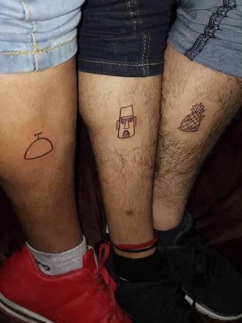 Patrick Tattoo, Siblings Tattoo For 3, Matching Tattoos For Siblings, Pair Tattoos, Spongebob Tattoo, Simbolos Tattoo, Group Tattoos, Matching Bff Tattoos, Maching Tattoos