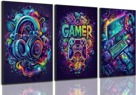 Amazon.com: Yolbcdr Gaming Posters Video Game Wall Art Set of 3 Game Room Decor Cool Gaming Sign Pictures Prints Graffiti Gamepad Headphones Canvas Painting Gamer Wall Decor for Boys Bedroom 12x16in Unframed: Posters & Prints Boys Game Themed Bedroom, Nintendo Room Decor, Gamer Wall Decor, Gaming Themed Bedroom, Gaming Painting, Video Game Room Decor, Video Game Wall, Gamer Wall Art, Minimalist Dorm