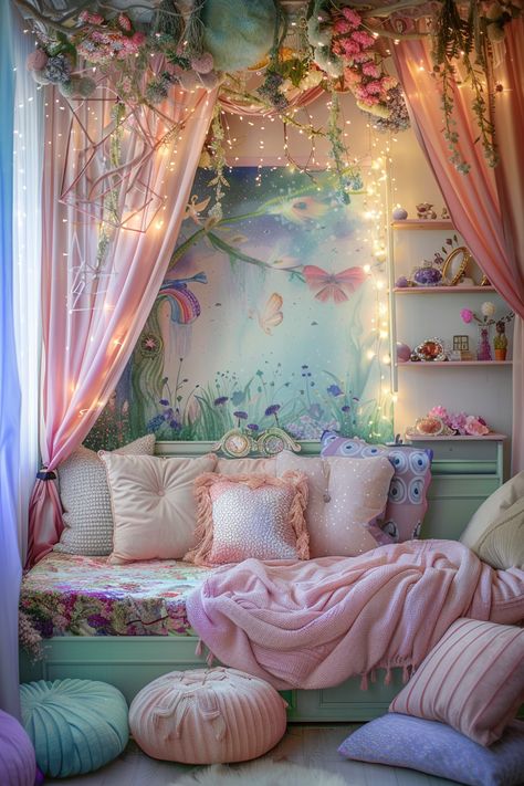 Create Your Magical Nook: Enchanting Fairy Tale Bedroom Ideas! Fairy Tale Bedroom Ideas, Girls Enchanted Forest Bedroom, Fairy Room Ideas Kids, Fairy Bedroom Ideas For Kids, Pink Enchanted Forest, Fairy Bedroom Aesthetic, Fairy Theme Room, Stella Costume, Girls Fairy Bedroom