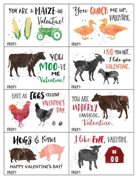 Valentines Day Cards For School, Kids Valentines Day Cards, Lunchbox Cards, Hate Valentines Day, Kids Valentines Day, Valentines Bricolage, Watercolor Farm, Diy Valentines Cards, Barn Animals