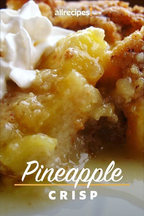 Pineapple Crisp | "I used one can crushed pineapple and one can pineapple tidbits. The topping was quite sweet which was actually a nice contrast with the pineapple." #dessertrecipes #dessertideas #sweettreats Pineapple Crisp, Crisp Desserts, Pineapple Dessert, Pineapple Dessert Recipes, Pineapple Desserts, Pineapple Recipes, Crisp Recipe, Crushed Pineapple, Dessert Dishes