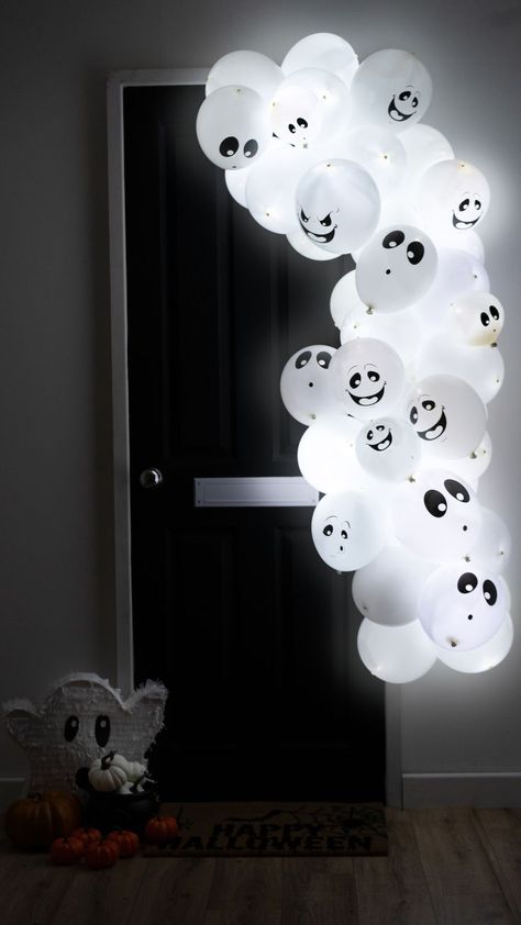 Ghost Theme Party Halloween Decorations, Ghost Balloons Diy, Ghost Balloon Arch, Ghost Theme Halloween Party, Ghost Themed Trunk Or Treat, Casper Halloween Decorations, Ghost Balloon Garland, Ghost Party Decorations, Balloon Halloween Decorations