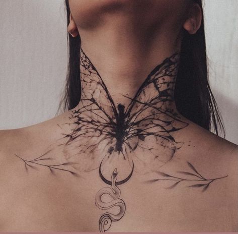 Forest Neck Tattoo, Dark Female Tattoos, Fairy Neck Tattoo, Fae Inspired Tattoos, Honeycomb Neck Tattoo, Dark Fairy Tattoo Designs, Throat Tattoos Women Simple, Empath Tattoos, Dark Themed Tattoos